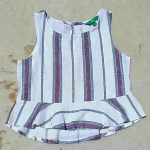 LINEN Striped Cropped Sleeveless Tank Top Ruffle Hem Peplum Women Small